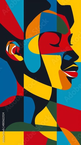 stylized portrait of an african american woman, Juneteenth mood, backdrop, using simple shapes and bold colors, suitable for profiles, posters, and educational materials