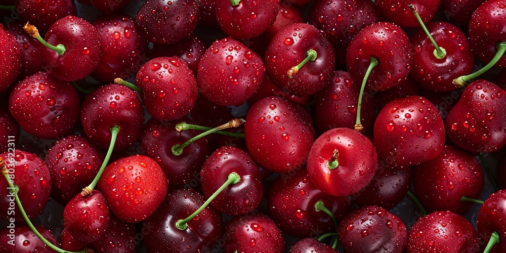 A close-up of dark red cherries with droplets of water covering their glossy surfaces.