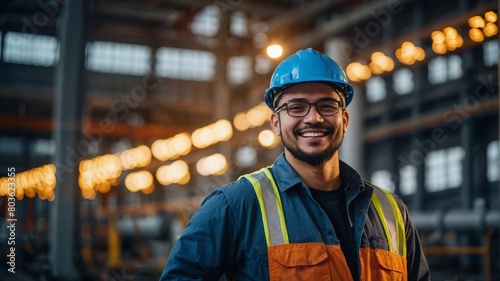 A professional engineer works in a modern factory, wears safety vest and helmet.