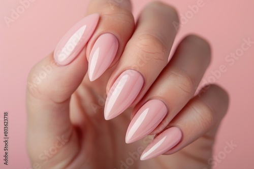 Female hand with pink nail design. Pink nail polish manicure.