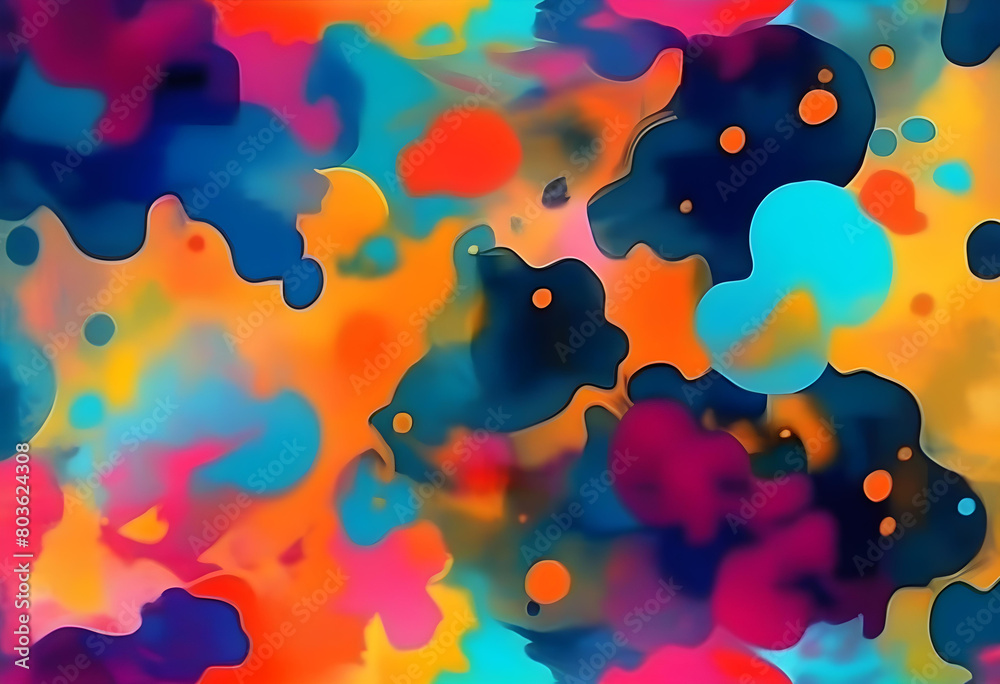 An abstract digital art background with vibrant colors and flowing shapes resembling watercolor blots.