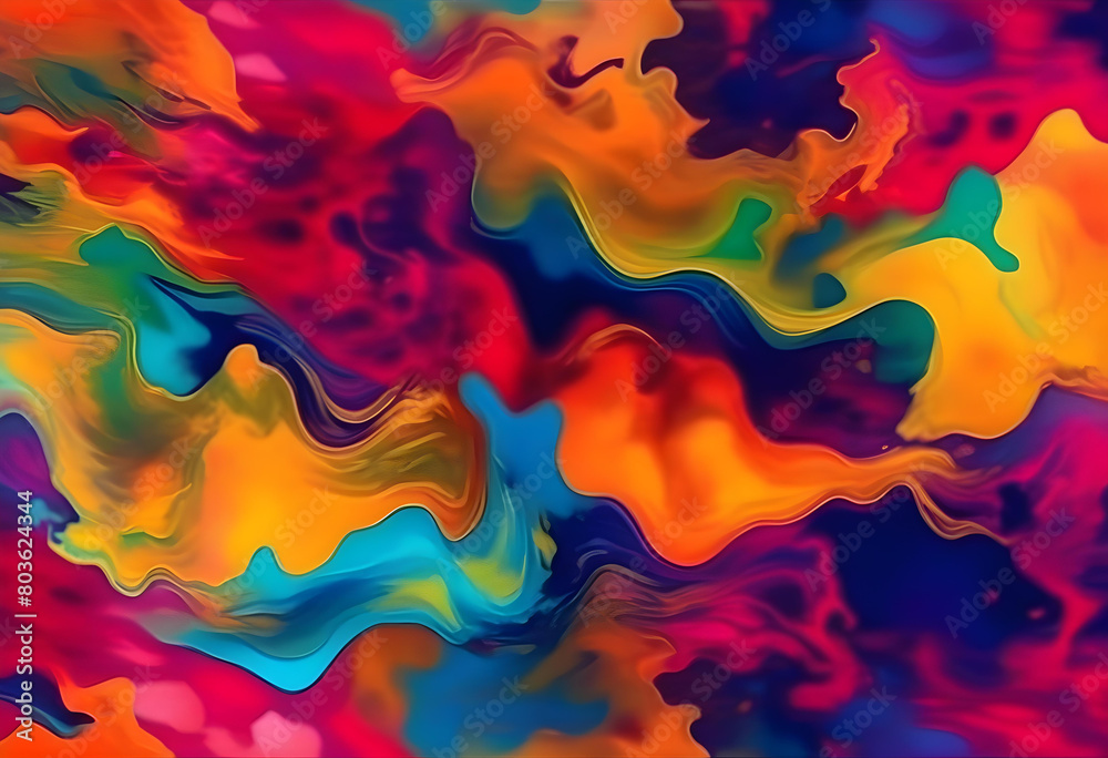 An abstract artwork with colorful blots and flowing shapes in a watercolor style