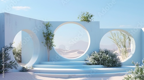 Serene Architectural Oasis with Tranquil Garden Path and Arched Entryways in Minimalist Landscape Design photo