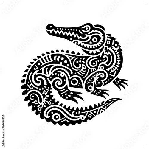 alligator; crocodile silhouette in animal ethnic, polynesia tribal illustration