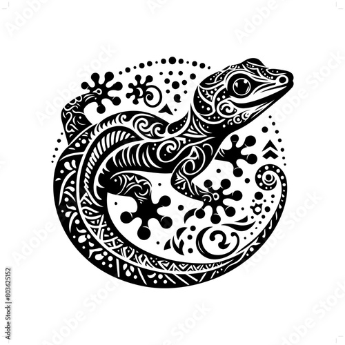 gecko reptile silhouette in bohemian, boho, nature illustration