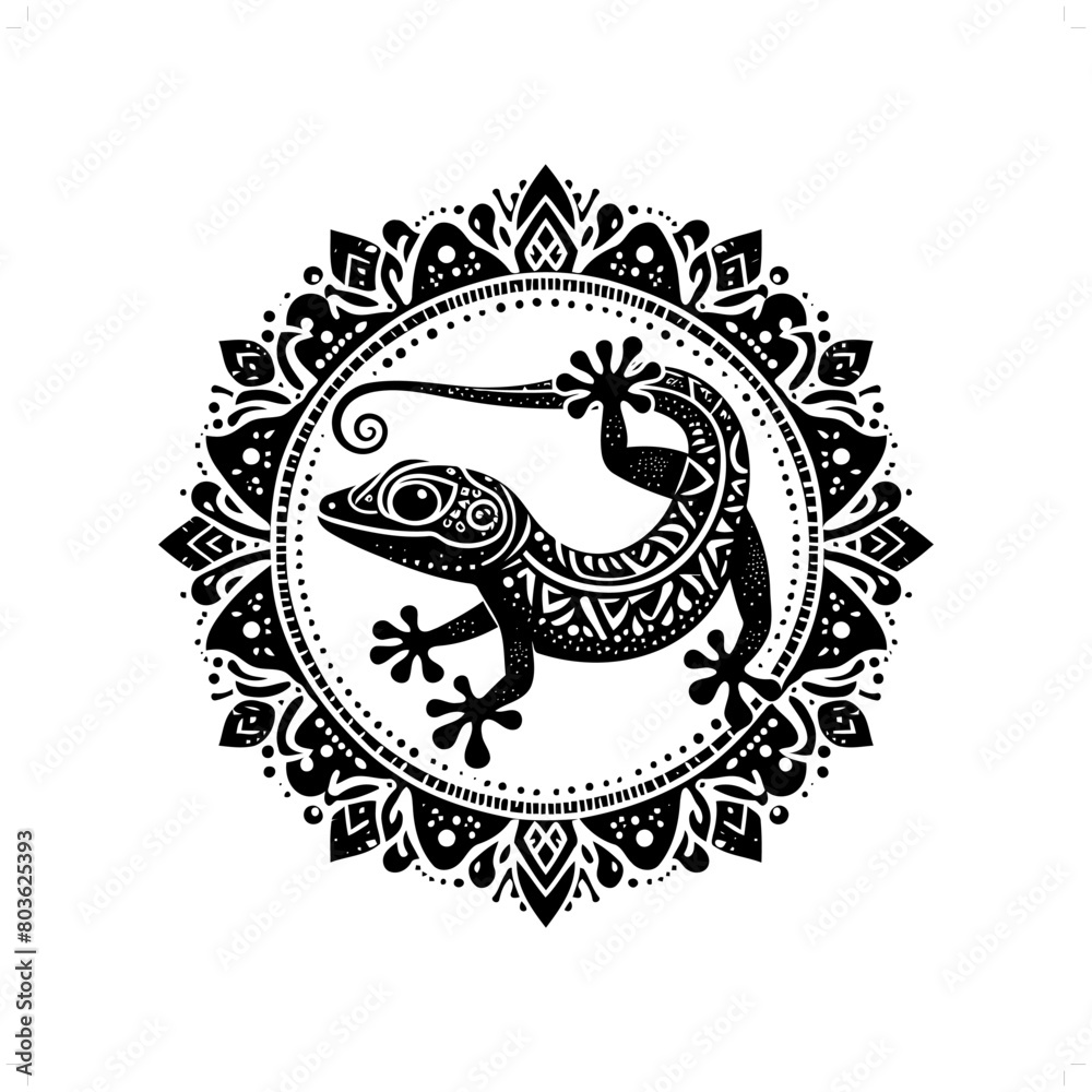 gecko reptile silhouette in bohemian, boho, nature illustration