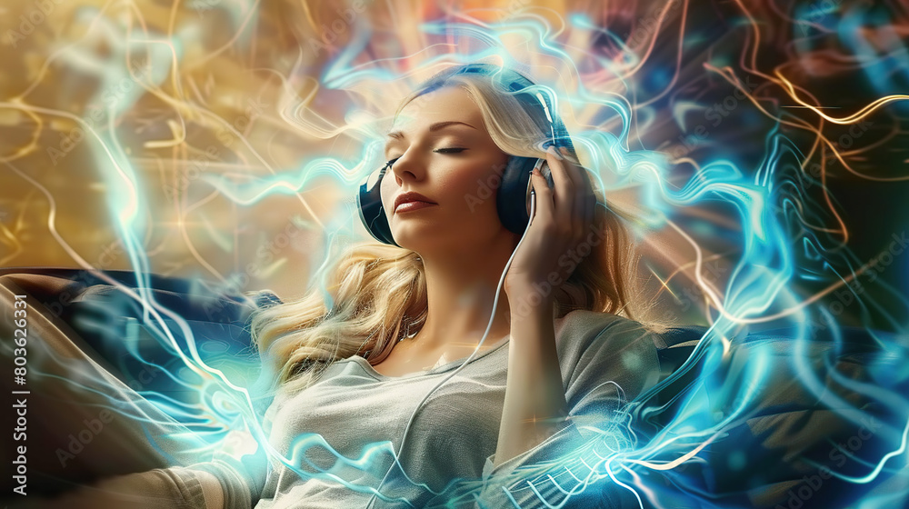A beautiful blonde woman relaxing with headphones on, she is meditating and floating in space, her aura glowing blue, there's smoke around the room A beautiful blonde woman relaxing with headphones on, she is meditating and floating in space, her aura glowing blue, there's smoke around the room