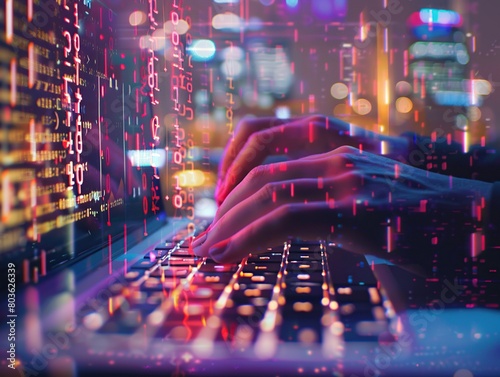 Close up of programmer typing on laptop keyboard with double exposure of abstract glowing binary code. Technology and network concept