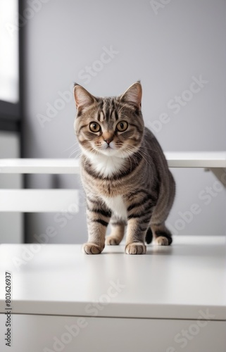 cute cat peeking out from behind a white table