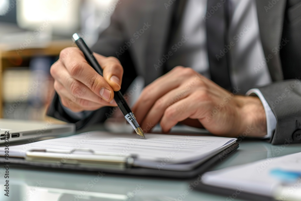 Close up of a businessman signing a contract with a stylus pen Close up of a businessman signing a contract with a stylus pen