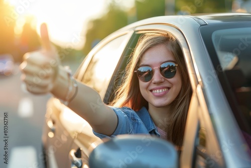 Woman inside her car gesticulate thumb up, A woman drives a car and shows a thumbs up photo