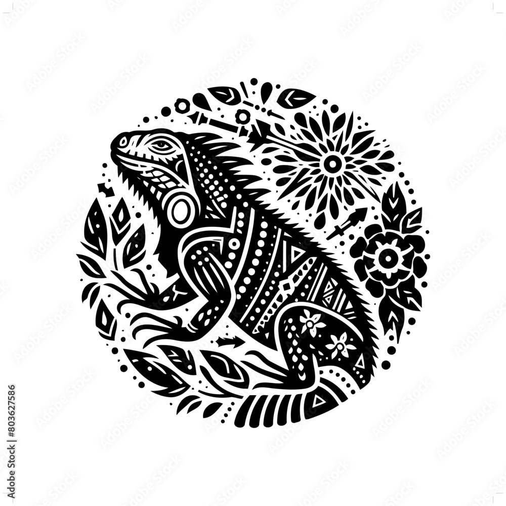 iguana reptile silhouette in bohemian, boho, nature illustration