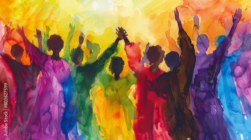 Watercolor concept, Juneteenth gospel choir performance, singers in robes with vibrant colors, church or community center setting, spiritual and uplifting, audience participation