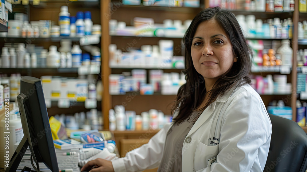 portrait pharmacist American woman at counter table with computer in a pharmacy