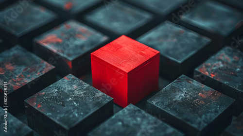 red cubes on black, Single red box standing out from the crowd Business concept background.