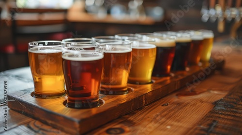 A wooden tray with a variety of glasses of beer on it