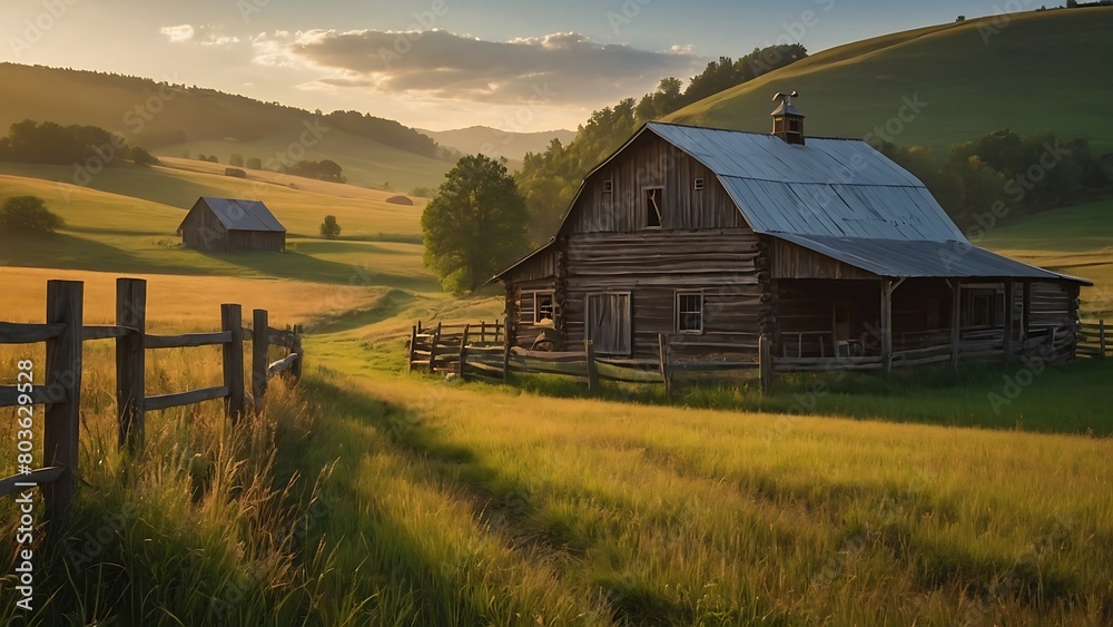 Golden Countryside Tranquil Sunset Over Rural Landscape Golden Countryside Tranquil Sunset Over Rural Landscape
