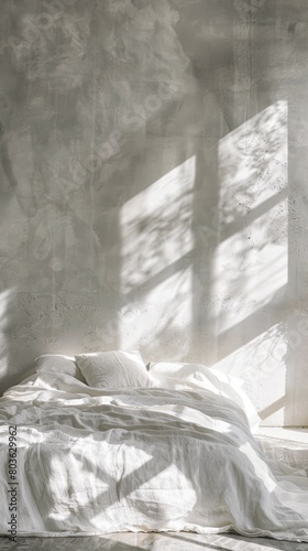 ethereal minimalistic smoky grey, light and airy for a tranquil bedroom or spa wallpaper, white bed and linens, copy space