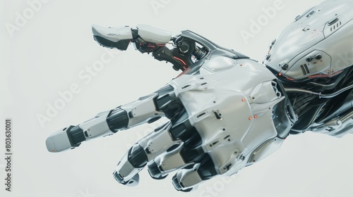 White cyborg robotic hand pointing his finger, white background