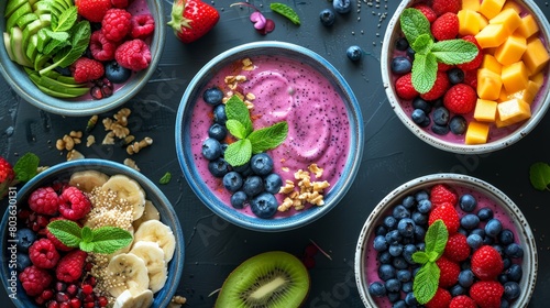 A variety of fruit bowls are arranged on a table