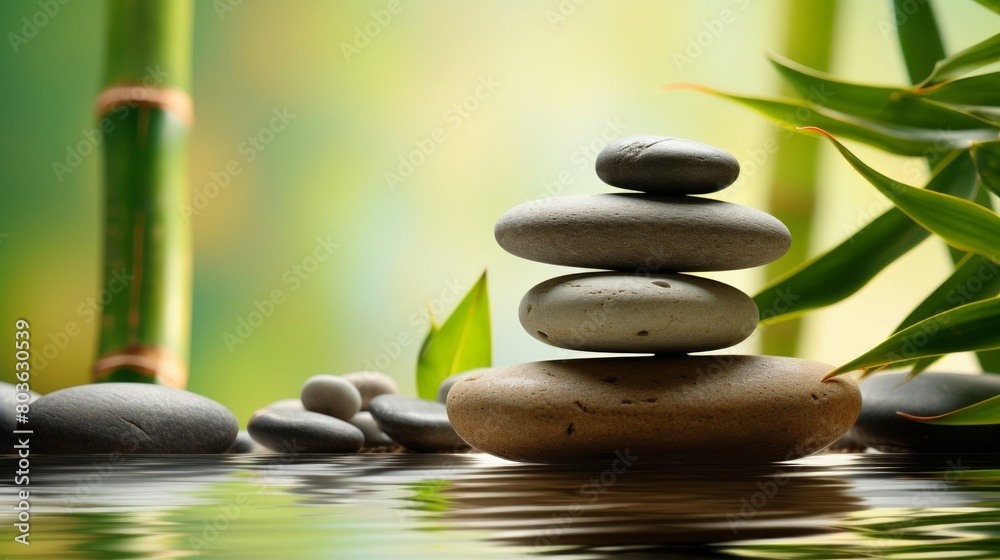 Zen and balance, Stones stacked with water and bamboo background, Serene and meditative, Side copy space for peaceful messages, blurred background, spa salon advertising Zen and balance, Stones stacked with water and bamboo background, Serene and meditative, Side copy space for peaceful messages, blurred background, spa salon advertising