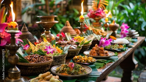 Festive Balinese Rijsttafel with Traditional Dishes Ai generated photo