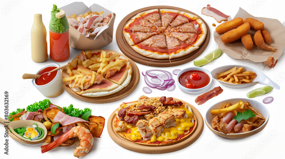 All Fast Food collection set, isolated on white background. Fried chicken, fries, pizza, sandwich, chicken nuggets,, bacon All Fast Food collection set, isolated on white background. Fried chicken, fries, pizza, sandwich, chicken nuggets,, bacon