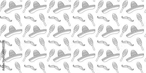 Sombrero hats and maracas line illustration seamless pattern on white background. Mexican seamless pattern