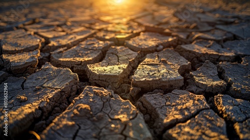 A close up of a rocky, dry landscape with a sun in the background