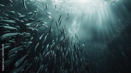 flock of small fish underwater, freshwater bleak fish anchovy seascape photo