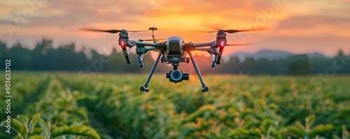 A drone is flying over a field of green plants photo