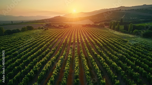 A field of grape vines with the sun setting in the background