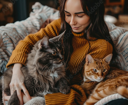 woman sitting on a sofa while holding a cat and petting a dog s head