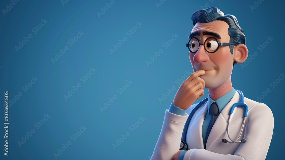 A male doctor in a 3D cartoon style is holding his chin with his hand, lost in thought A male doctor in a 3D cartoon style is holding his chin with his hand, lost in thought
