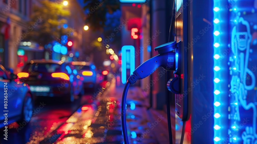 Charging an electric charging station for electric vehicles in the city at night, close-up