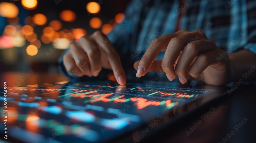 Close-up of hands adjusting digital sound mixer with colorful illuminated buttons, in a dimly lit environment, concept of music production and technology Close-up of hands adjusting digital sound mixer with colorful illuminated buttons, in a dimly lit environment, concept of music production and technology
