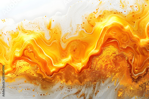 Golden yellow and ochre watercolor marbling on transparent background.
