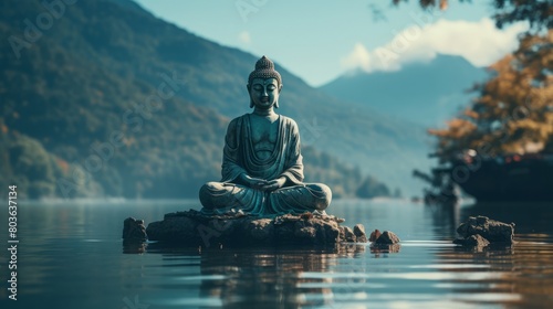 水面に座る仏陀像,Generative AI AI画像
