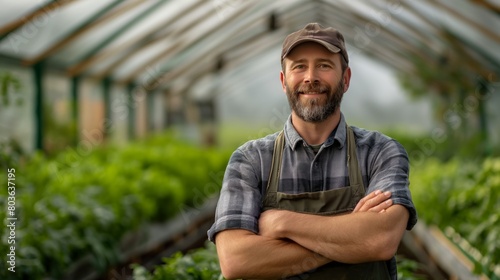 Proud male farmer with arms crossed standing in a greenhouse, surrounded by lush green plants, Concept of sustainable agriculture, organic farming, and local food production photo