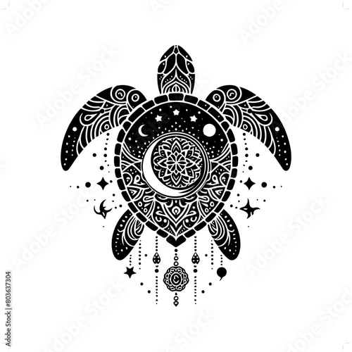 turtle, tortoise silhouette in bohemian, boho, nature illustration