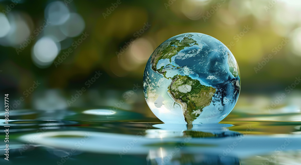 A glass sphere with the Earth inside, floating on water, symbolizing global environmental protection A glass sphere with the Earth inside, floating on water, symbolizing global environmental protection
