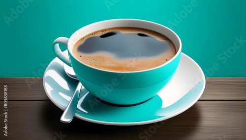 A close-up of an black coffee cup on a turquoise background