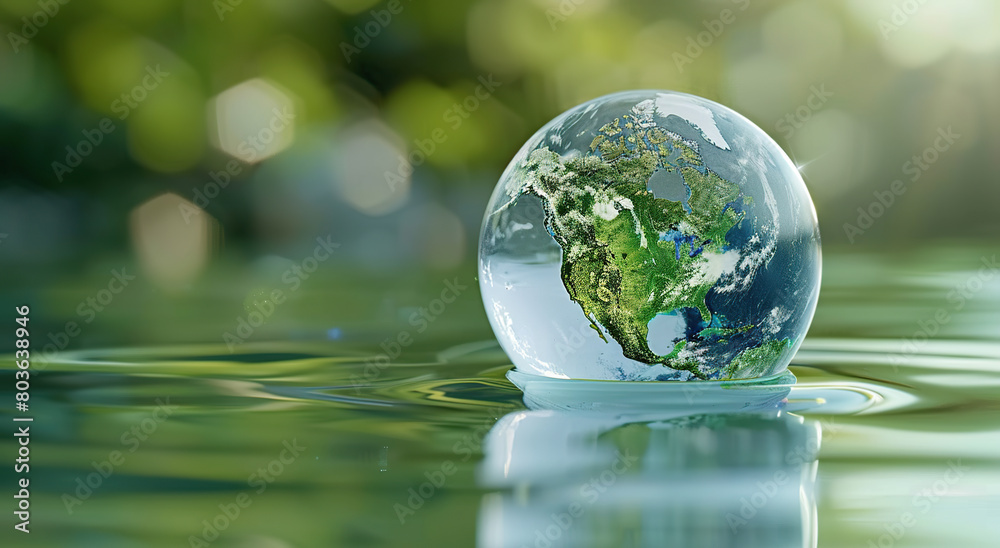 A glass sphere with the Earth inside, floating on water, symbolizing global environmental protection A glass sphere with the Earth inside, floating on water, symbolizing global environmental protection