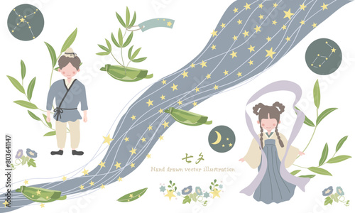 天の川を挟んだ七夕の織姫と彦星のイラスト