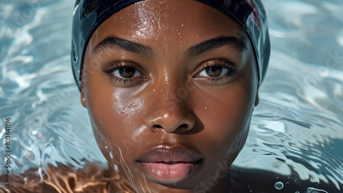 Streamlined Aquatic Style: Swim Cap on Black Swimmer, Hydrodynamic Elegance: Swim Cap for African-American Athlete, Dynamic Swimwear: Black Female Athlete in Swim Cap