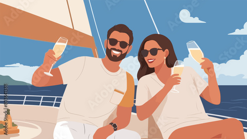 Luxurious Champagne Cruise - Vector Illustration of Couple Enjoying Elegance on a Luxury Yacht. EPS 10.