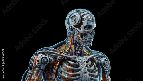 A skeleton with a robotic head and body. The skeleton is surrounded by wires and has a mechanical look