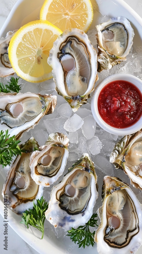 Oysters on the Half Shell, An overhead shot of freshly shucked oysters on a bed of crushed ice, arranged neatly on a white platter Oysters on the Half Shell, An overhead shot of freshly shucked oysters on a bed of crushed ice, arranged neatly on a white platter