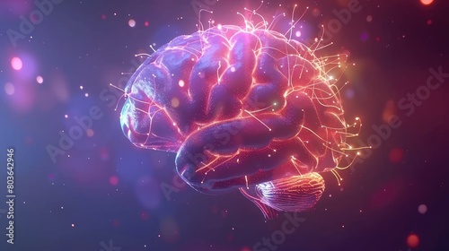 Detailed 3D animation of a human brain neural network, internal communication