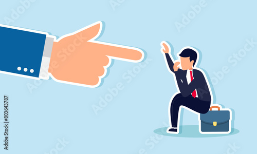 Fearful of failure, anxious over business errors, stressed by work pressure, intimidated by challenges, concept of Anxious businessman, depressed, fears giant finger pointing, blaming him for error